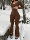 Women's Sexy Slim-Fit Black Jumpsuit - Long Sleeve Round Neck All-Season Machine Washable Casual & Formal Wear for Office, Parties, Everyday Outfits, Snowy Environment Clothing | Flared Pants | Formfitting Design