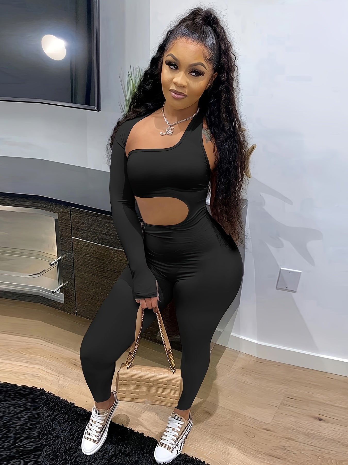 Cut Out Solid Color Jumpsuit - Casual Long Sleeve Asymmetrical Jumpsuit For Spring & Fall - Women's Clothing -  Suitable for Casual Occasions - Perfect Gift for Fashionable Women