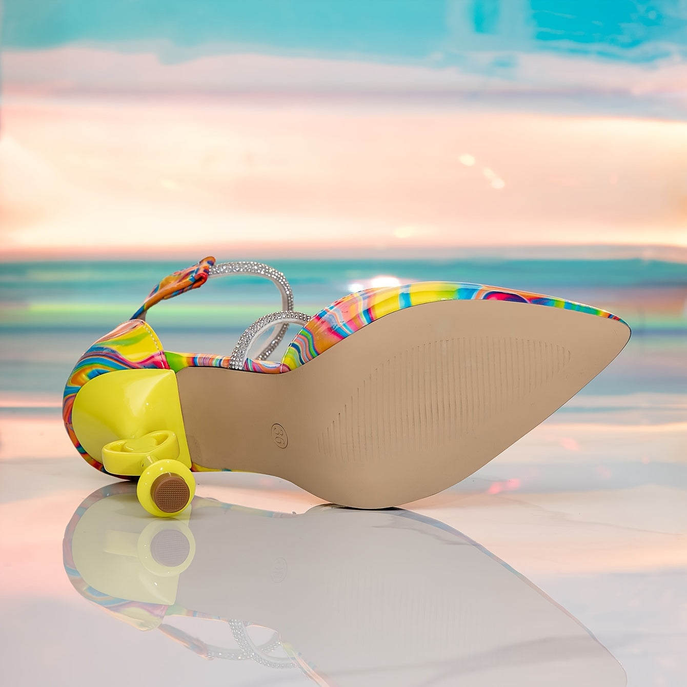 Colorful Hollow Women's Single Shoes Colorful Special-shaped Heeled Shiny Diamond Pointed Toe Dating Women's Shoes New European And American Fan Sandals Halloween Party Shoes