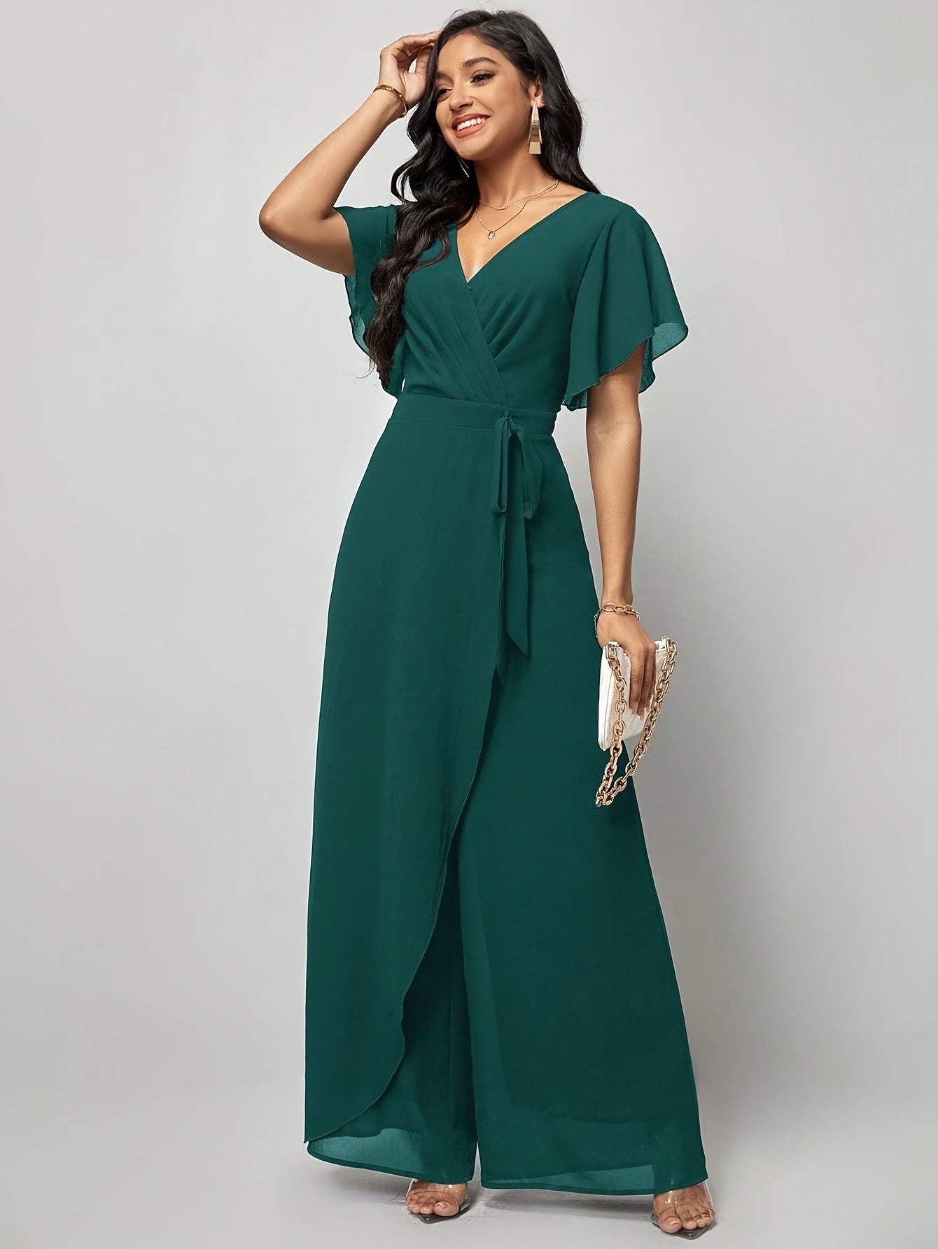 Elegant Green V-Neck Jumpsuit for Women - Solid Color, Wide Leg with Ruffle Sleeves & Tie Waist, Lightweight Polyester, Machine Washable - Perfect for Spring & Summer