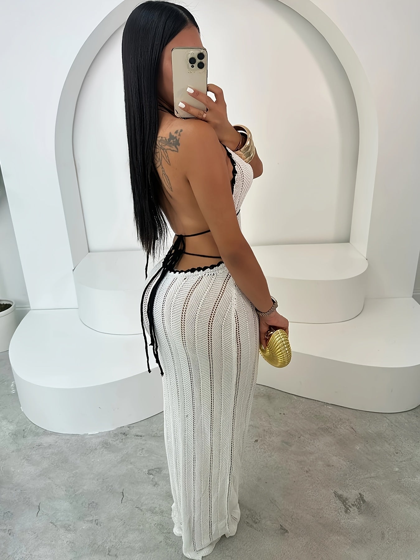 Elegant White Lace Backless Mini Dress with Golden Accents - Sleeveless, V-Neck, Ruched Detail, Perfect for Beach & Holiday Parties, Beach Party Dress | Lace Mini Dress | Ruched Detail Dress