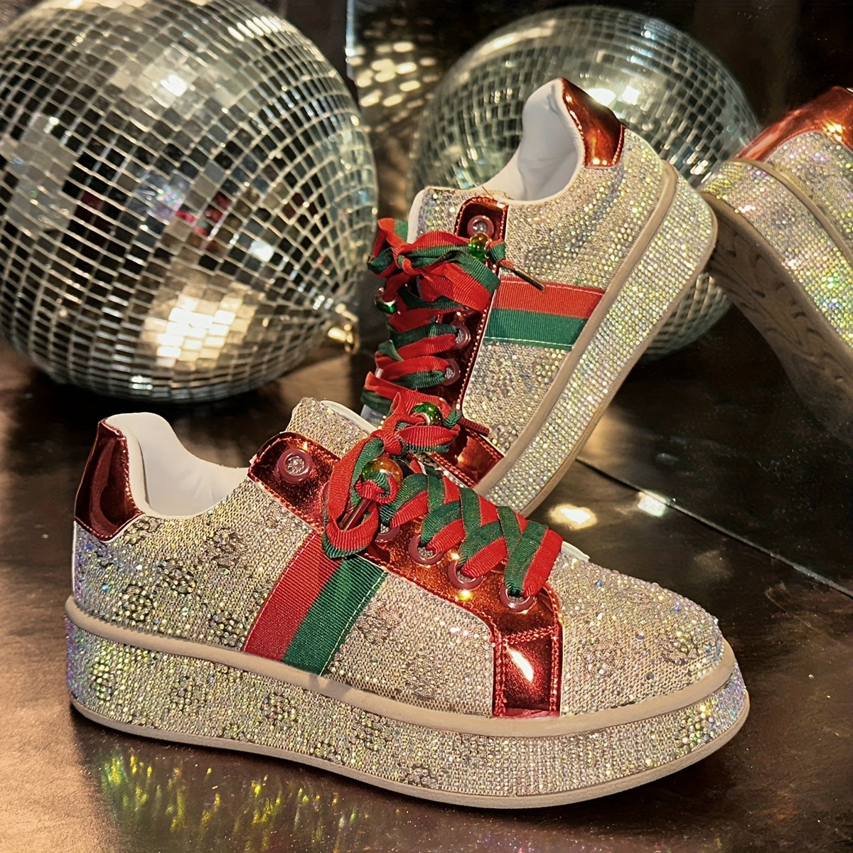 Women'S Fashion Sneakers - Sparkling Glitter Design, Comfortable Low Top Lace-Up Shoes with Red and Green Laces, All-Season Casual Streetwear, Casual Streetwear Sneakers | Glittery Sneakers | Synthetic Sneakers