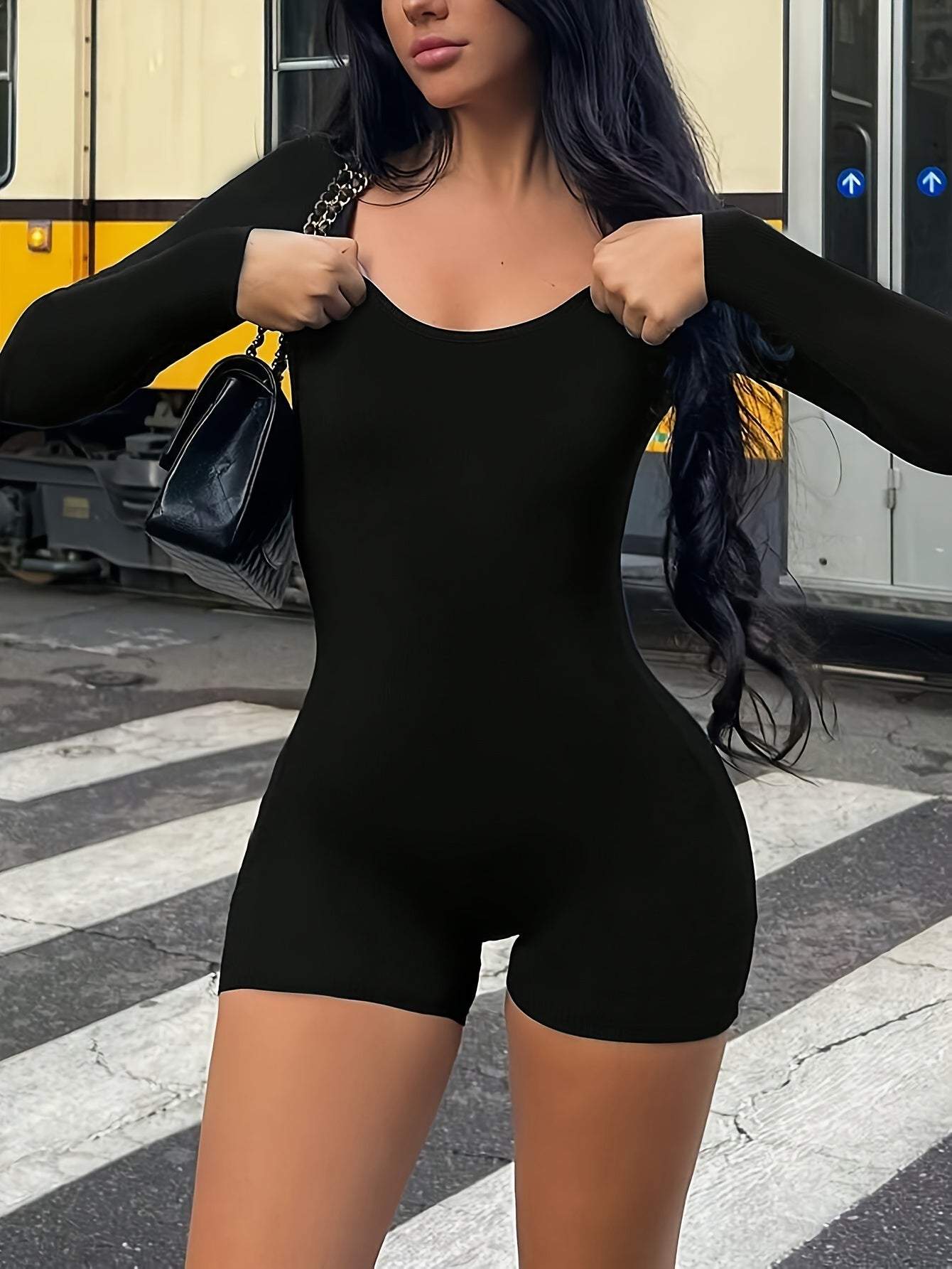 Chic Women's Solid Black Long Sleeve Romper - Round Neck, Slim Fit Jumpsuit with Ruched Detail, Stretchy Polyester Blend, Machine Washable for Spring/Summer