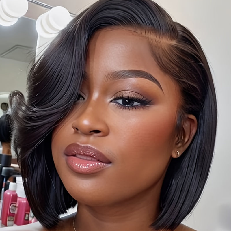 UNice 4x4 Lace Closure Bob Human Hair Wig with Side-Swept Bangs - 150% Density, Pre-Plucked Natural Hairline, Adjustable Fit, Curly/Styleable, Soft & Comfortable for Men & Women, Special Occasion Wig | Sleek Black Wig | Durab