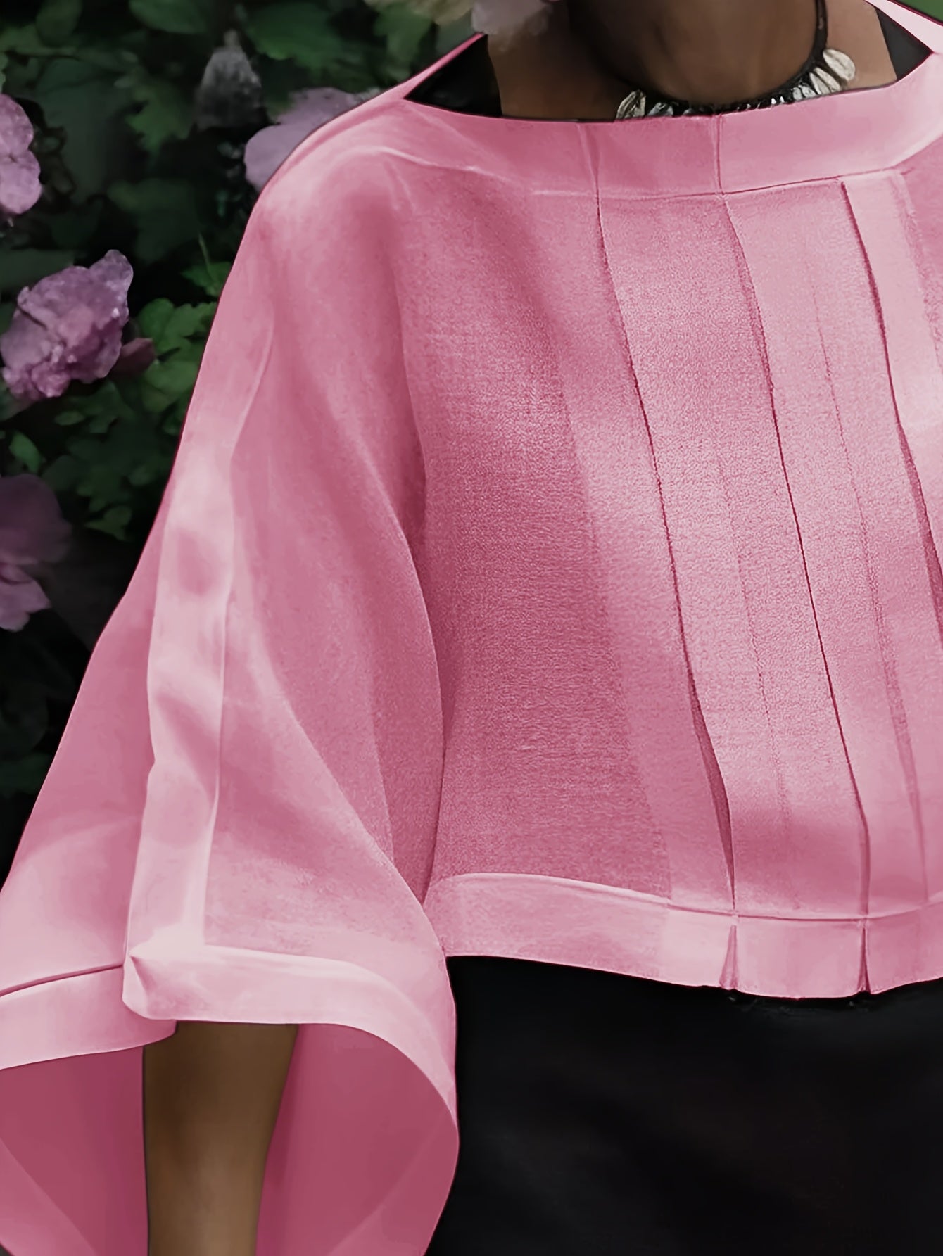 Elegant Polyester Blend 3/4 Sleeve Shirt for Women - Loose Fit Boat Neck Solid Color Woven Shirting with Pleated Detail, All-Season Versatile Top