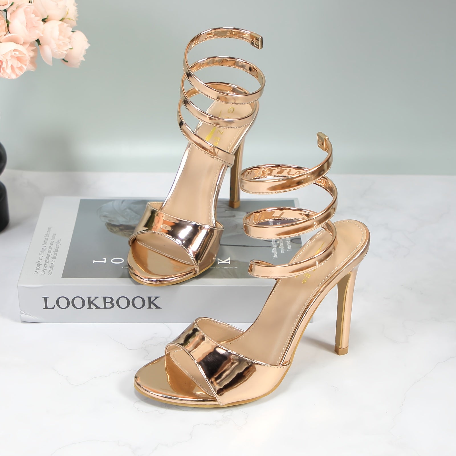 Women'S Open Toe Spiral Wrap Up Strappy High Heels Sandals, Golden Women'S Sexy Stiletto Sandals