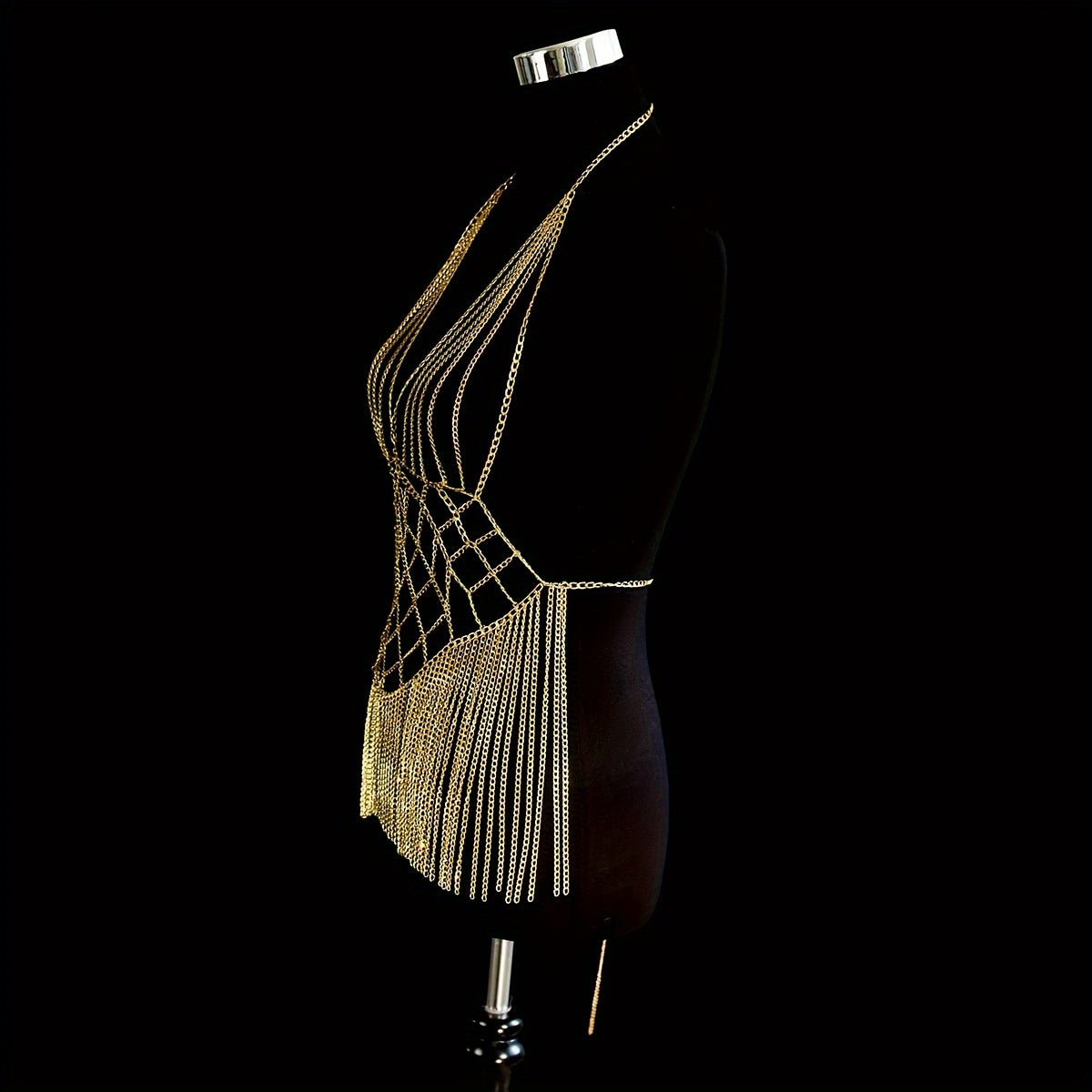 Elegant Golden-Tone Fringe Body Chain with Sparkling Bra Detail - Sexy Aluminum Alloy Party & Festival Accessory, Perfect for Nightclubs and Streetwear Fashion
