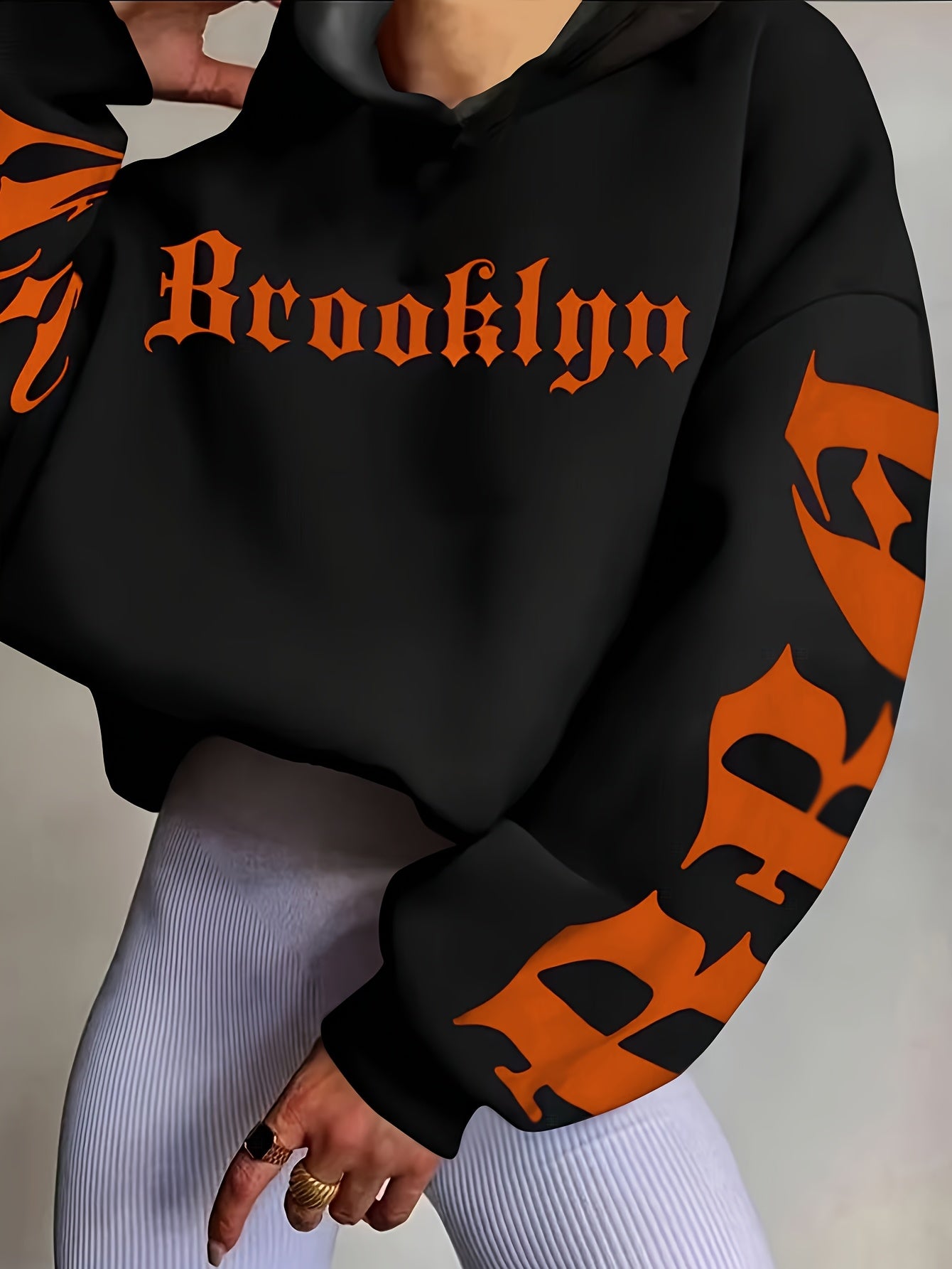 Women'S Stylish Black Hoodie with Vibrant Blue "Fear" Graphic Print - Casual Long Sleeve Pullover, Polyester Knit Fabric, Fall & Winter Essentials, Fall Winter Apparel | Bold Graphic Hoodie | Polyester Hoodie