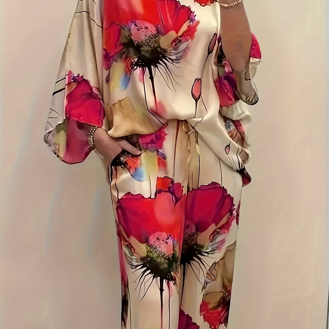 Women's Elegant Floral Print Satin Two-Piece Set: Round Neck Top and Wide Leg Pants