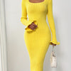 Solid Pattern Bodycon Sweater Dress - Acrylic Blend, Elegant Ribbed Knit, Middle Eastern Style, Lettuce Trim Fluted Sleeves, Square Neckline