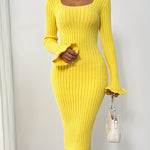 Solid Pattern Bodycon Sweater Dress - Acrylic Blend, Elegant Ribbed Knit, Middle Eastern Style, Lettuce Trim Fluted Sleeves, Square Neckline