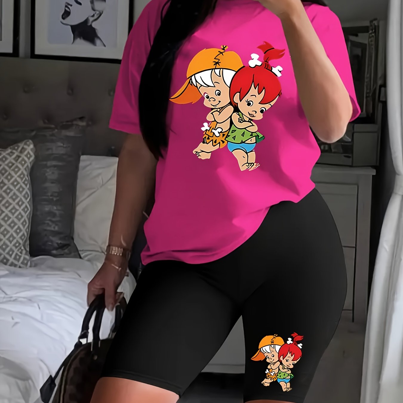 Trendy Cartoon Graphic Tee & High-Waisted Biker Shorts - Soft, Stretchy, and Comfortable Polyester Blend for Spring/Summer Outfits