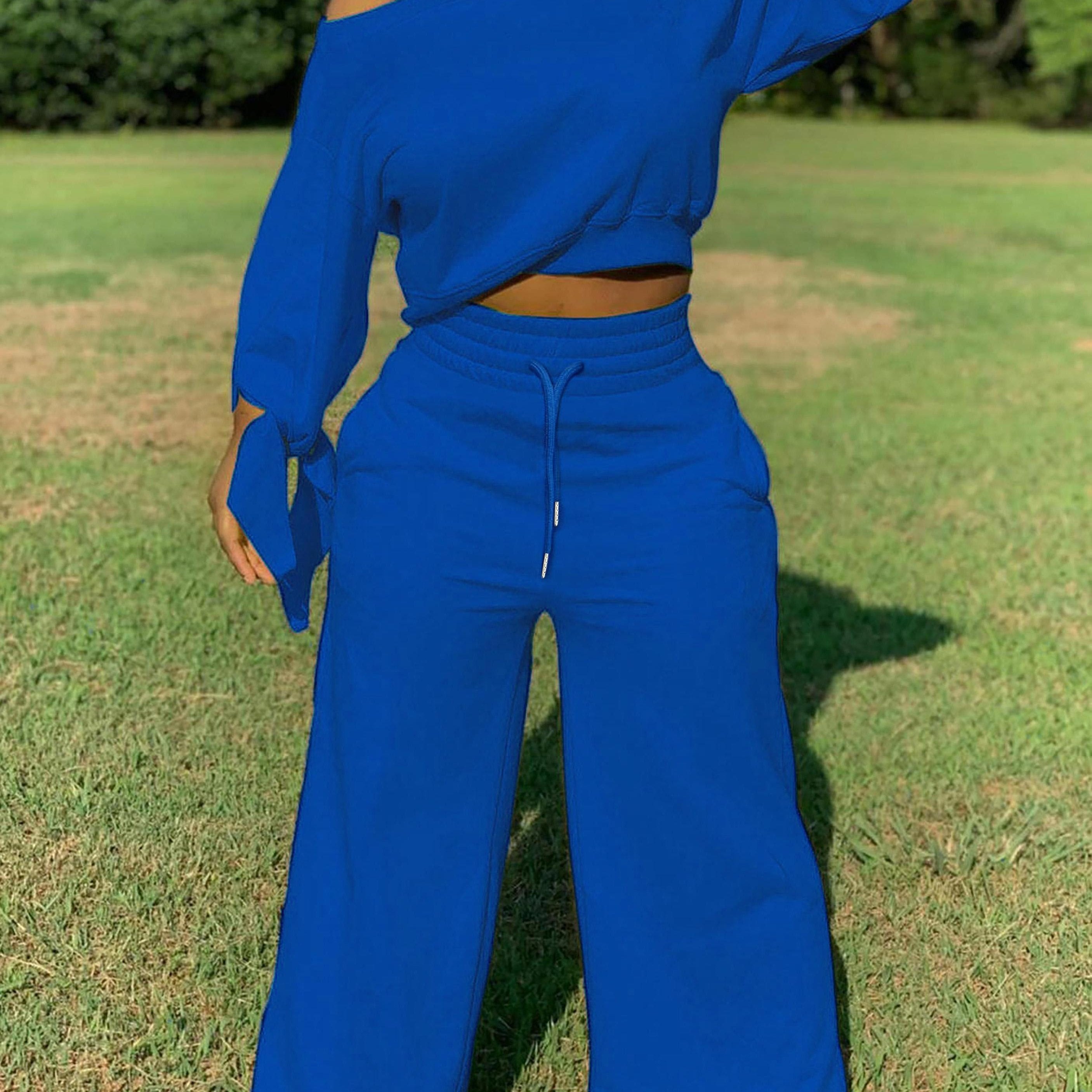 Solid Casual Two-piece Set, Slanted Shoulder Long Sleeve Tops & Drawstring Pants Outfits, Women's Clothing