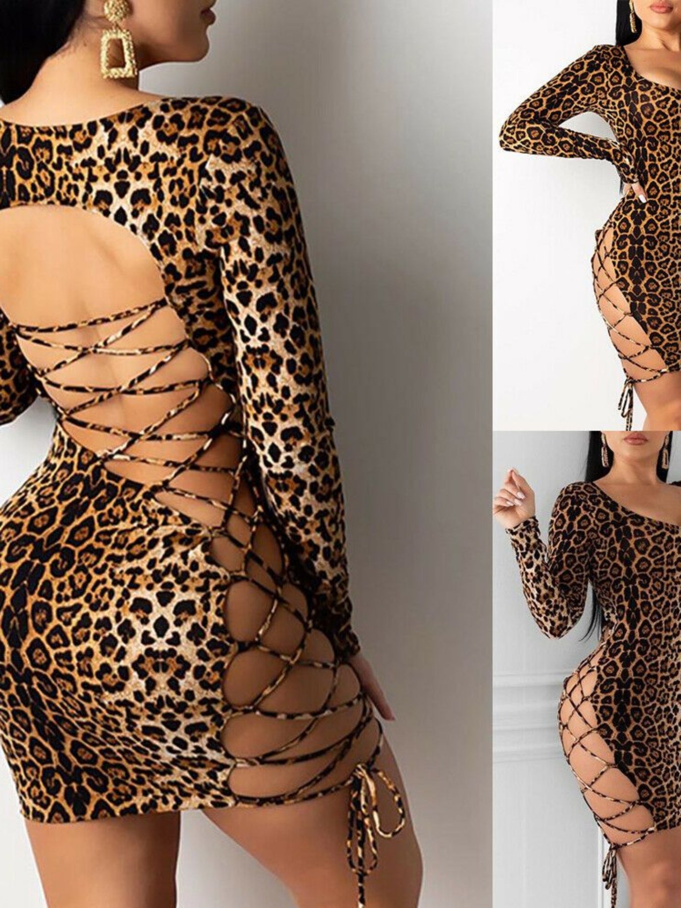 Women Slim Leopard Print Dress Long Sleeve U-neck Bandage Hollow Open Back Mini Short Dress
