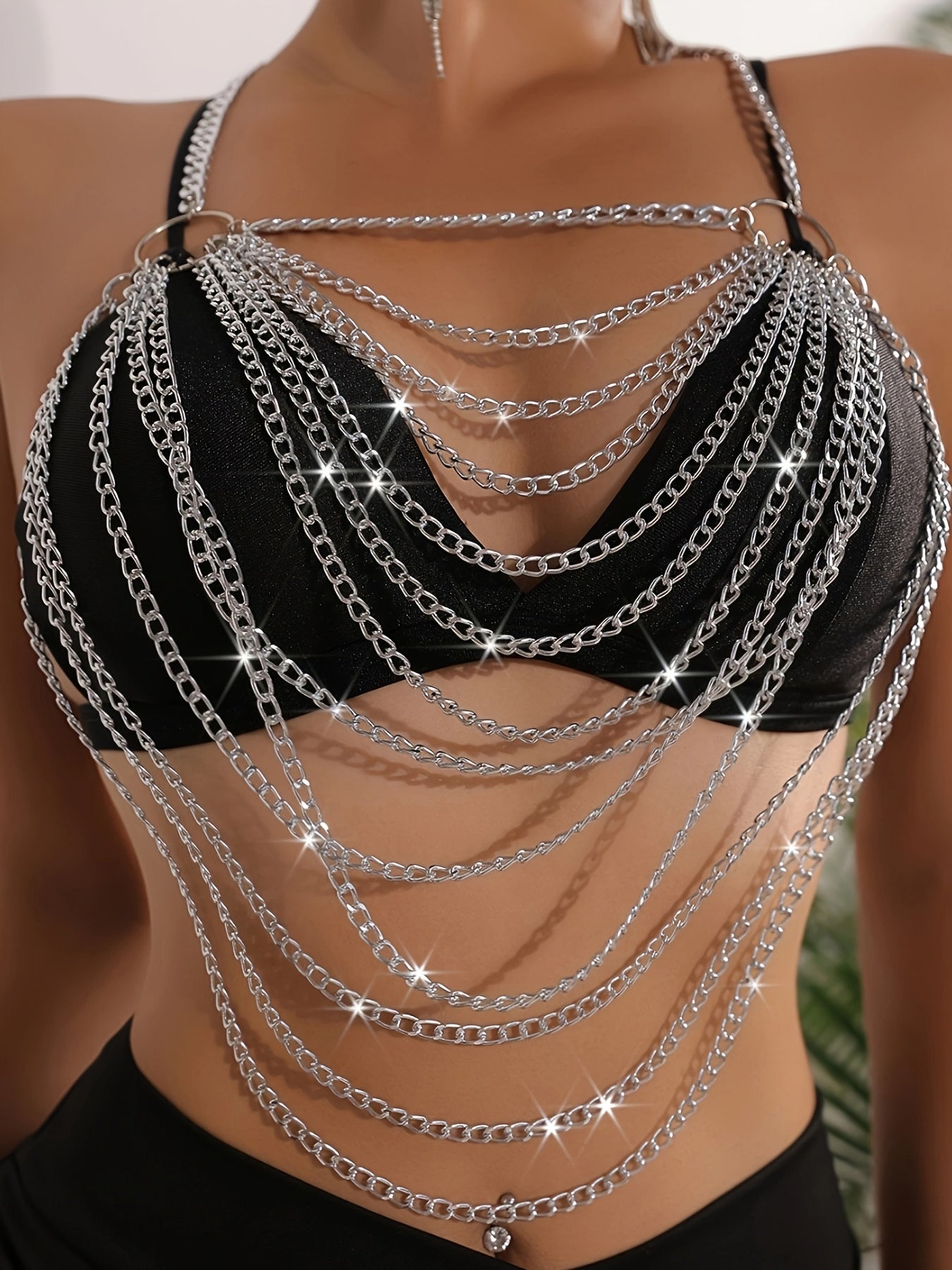 Elegant Women'S Backless Halter Top with Multi-Layer Metal Chain Detail - Chic Black Sleeveless Tank for Spring/Summer, Perfect for Casual or Party Wea