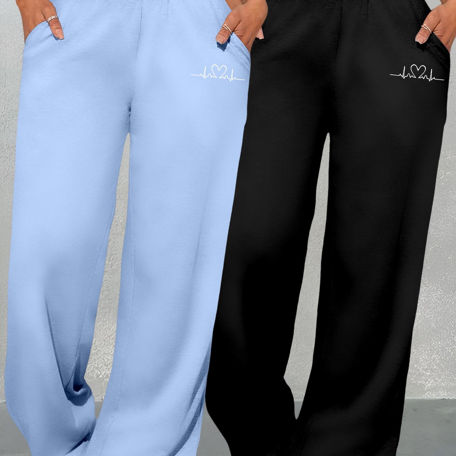 K6 Two-piece Women's Clothing Set with Geometric Pattern & Love Print Wide Leg Pants Loose Pocket Sweatpants Versatile High Waist Casual Long Pants