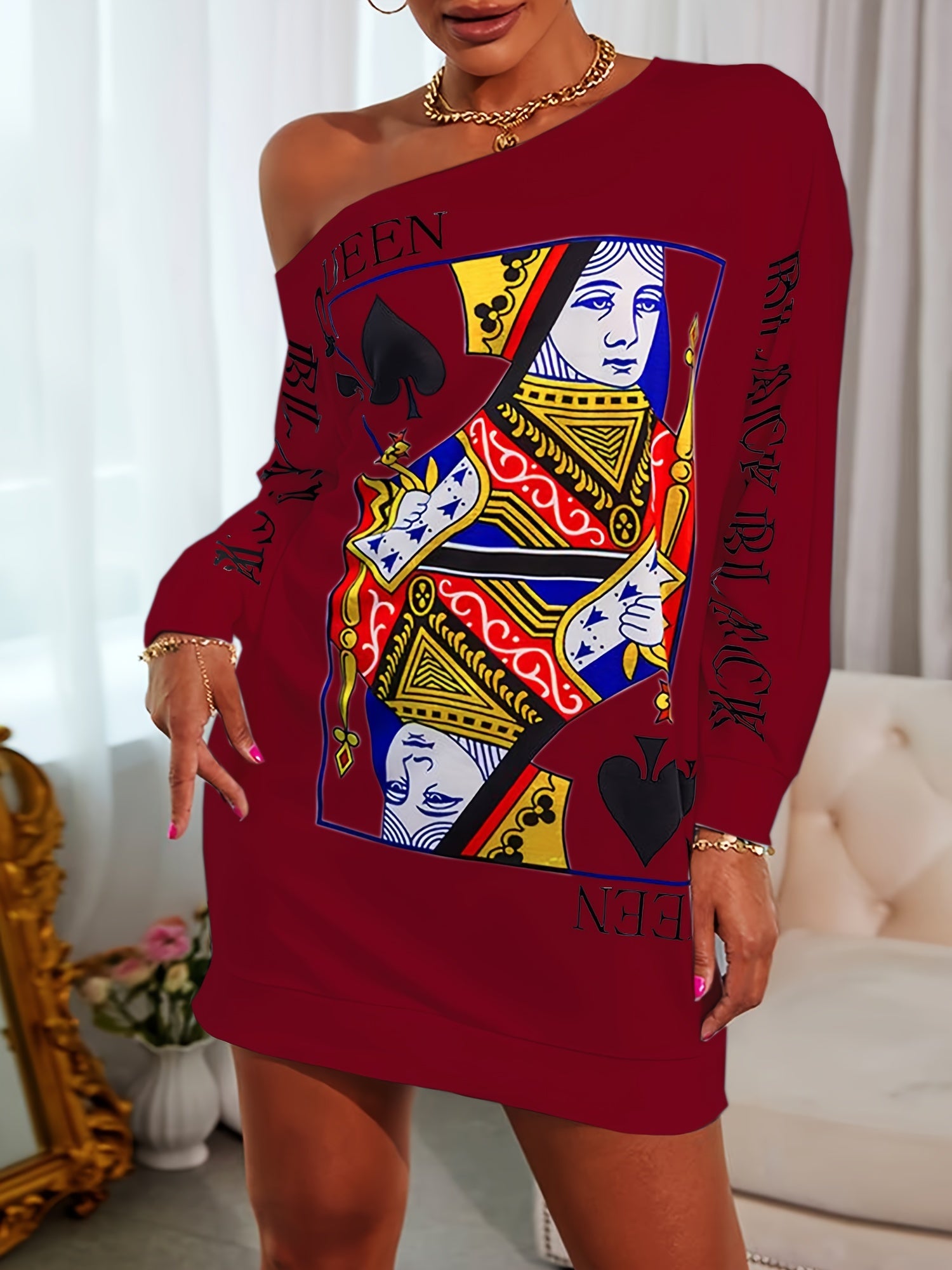 Women's Poker Print Sexy Lounge Dress, One Shoulder Long Sleeve Slash Neck Dress, Comfortable Home Wear For Fall