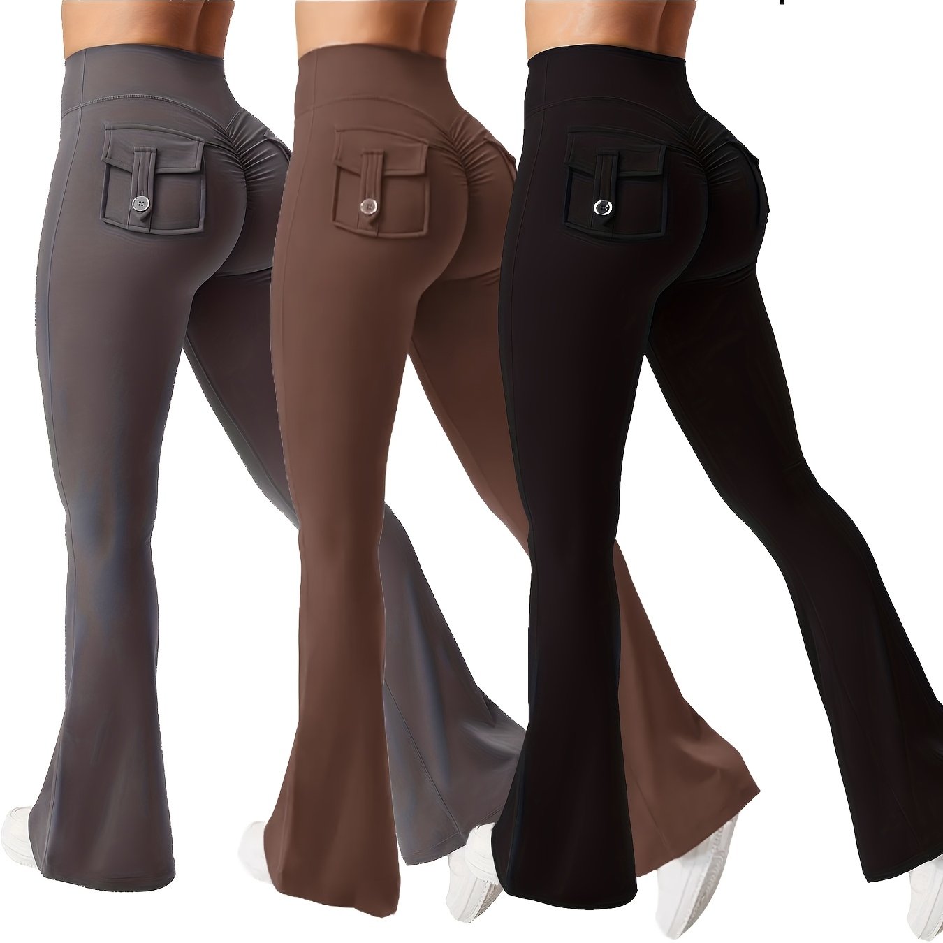 3pcs Of Black, Gray And Green Fashionable Workwear Style Bell Bottoms, Women's Casual Bell Bottoms, High Waist Pocket Sportswear, Work Style Peach Hip Pants, Sports Quick-drying Tummy Control Butt Lifting Trousers Flare L