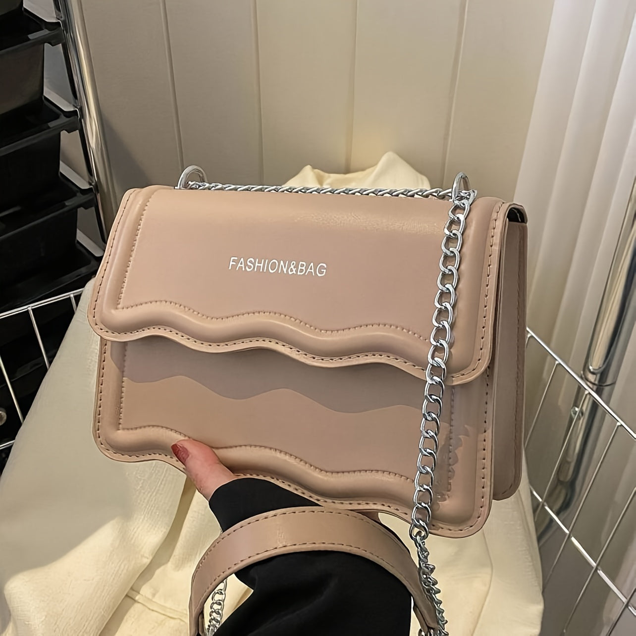 Elegant Mini Messenger Bag for Women: Magnetic Closure, Scallop Design, Chain Strap, Faux Leather Lining, Solid Color