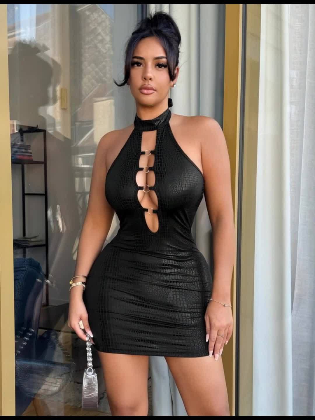 Sexy Bodycon Mini Dress - Hollow-Out, Halter Neck, Ideal for Night Out or Party Wear