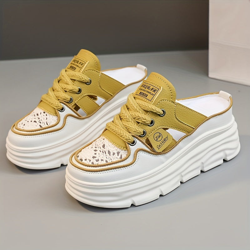 Comfortable Breathable Women's Platform Mule Sneakers, Casual Cutout Design Lace Up Summer Shoes