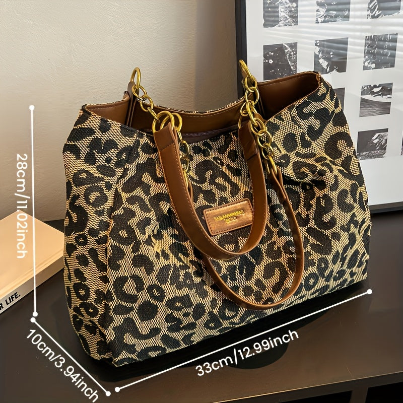 Chic Leopard Print Canvas Tote Bag for Women - Casual Shoulder Handbag with Dual Handles, Perfect for Daily Commute & Fashion Outings