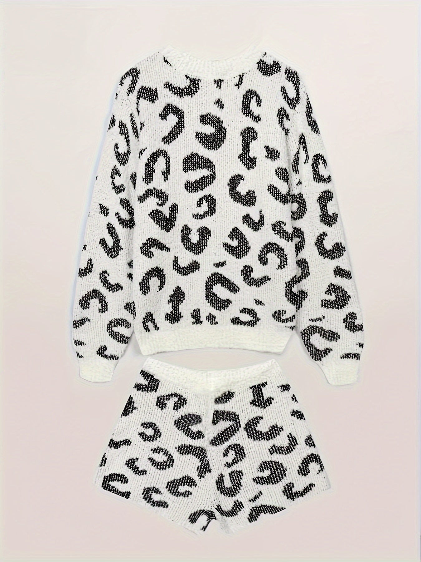 Autumn And Winter Directional Ultra-Soft Round Neck Leopard Print Sweater + Shorts Set