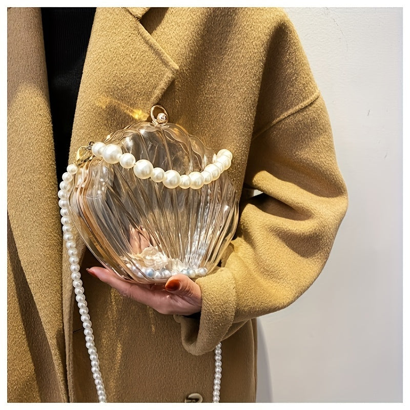 Casual Acrylic Pearl Beaded Shell Crossbody Bag with Removable Strap, Transparent Unlined Clutch with Buckle Closure, Checkpoint-Friendly Fashion Accessory