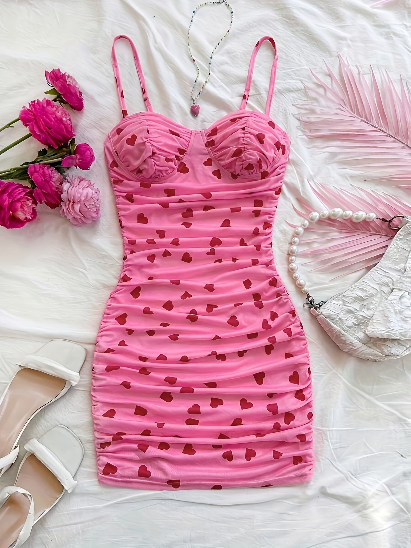 Women's Stylish Pink Heart Print V-Neck Cami Dress - Sleeveless Ruched Bodycon Summer Dress for Casual or Vacation Wear, Romantic Getaway Attire | Vneck Dress | Gathered Detailing