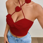 Red Floral Halter Neck Crop Top for Women - Sexy Twisted Front Detail, Cross Halter Design, Stretchy Polyester Blend, Perfect for Summer Nights Out, Cute Tops for Going Out