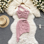 Pink Elegant Outfit Hot Girl Outer Wear Bandeau Sling Top Irregular Skirt Stylish Two-piece Suit