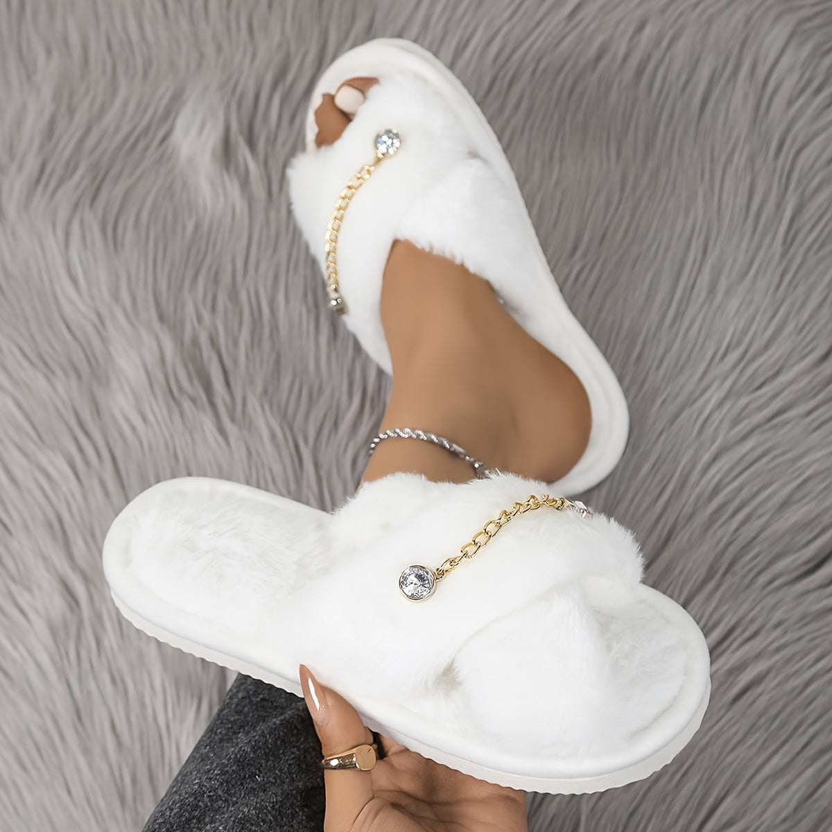 Women's Fashion Slip-On Slippers with Sparkling Ankle Charm - Plush Faux Fur Cross-Toe Warm Indoor House Shoes, Non-Slip EVA Sole, All-Season Cozy Slippers for Women (White, Pink, Black, Beige), Charming Ankle Charm | Fabric