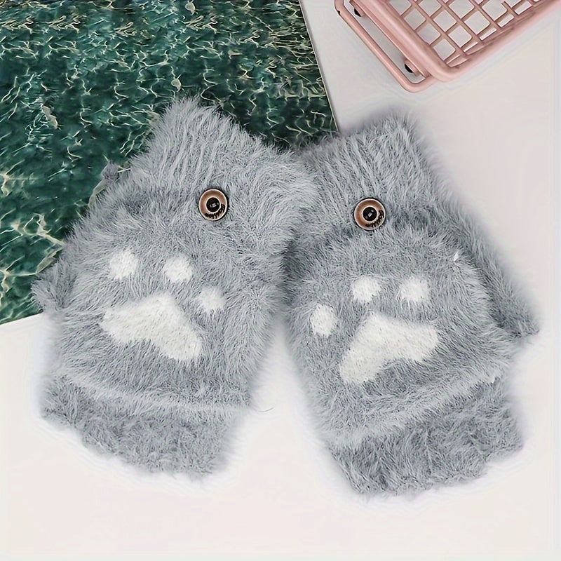 Cozy Cat Paw Convertible Mittens for Women - Soft, Warm Fingerless Gloves with Flip-Top Design | Cute Aesthetic White Furry Winter Accessory, Machine Washable
