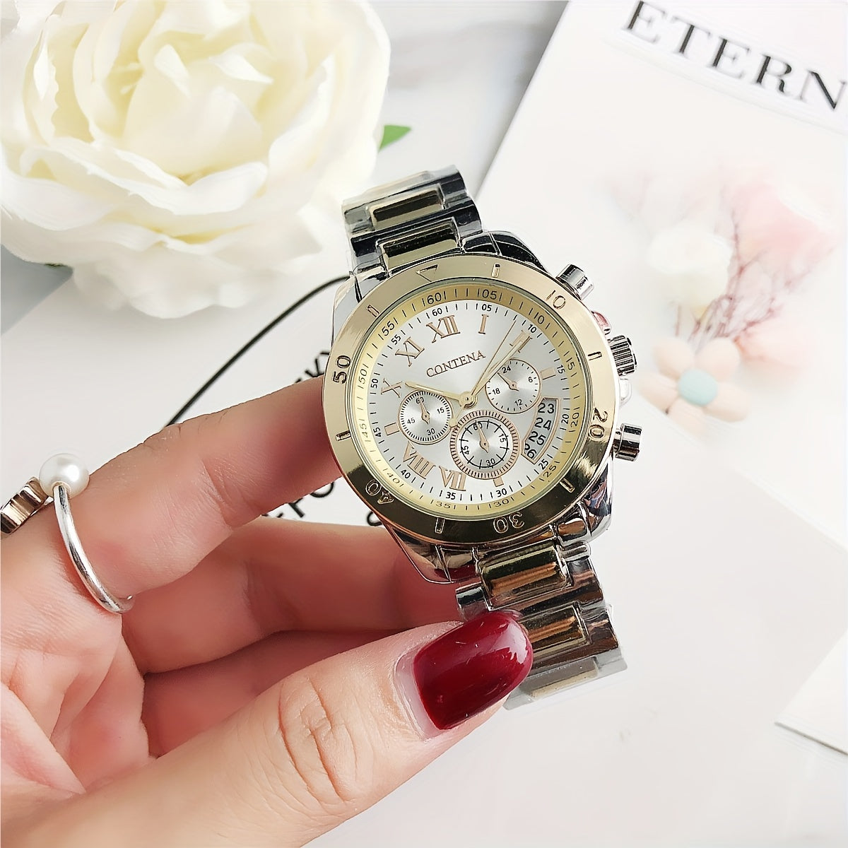 Quartz Watch For Women Stainless Steel Wrist Watch Alloy Pointer With Bracelet Set For Gifts Women daily uses Gifts For Eid