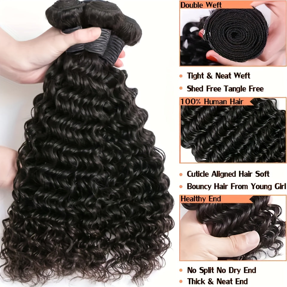 3 Bundles Deep Wave Human Hair Bundles 3 Bundles Deals Human Hair Extensions 12A 100% Unprocessed Virgin Brazilian Deep Curly Bundles Human Hair Remy Curly Weave Hair Bundles Natural Black Color