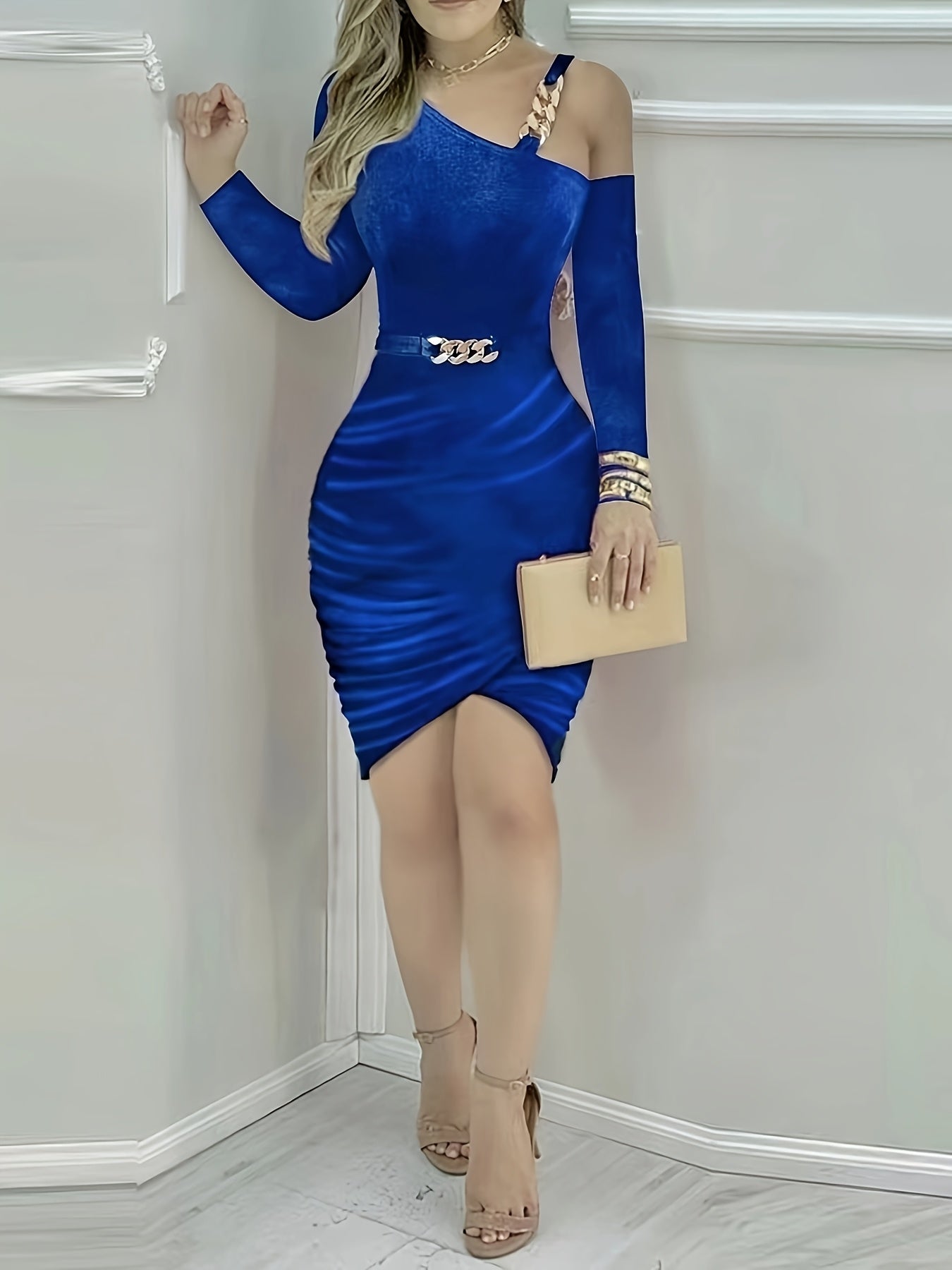 Elegant Off-Shoulder Blue Midi Dress for Women - Chic Chain Detail, Long Sleeves, Ruched Bodycon Fit, Polyester, Machine Washable - Perfect for Evening & Vacation