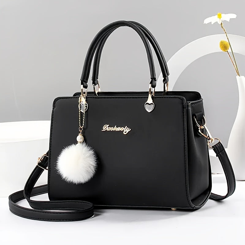Stylish Solid Color Women's Handbag with Pom Pom Charm - Multi-Layer Crossbody Bag,, Zip Closure, Stain-Resistant, Black/White/Pink/Watermelon Red/Gray
