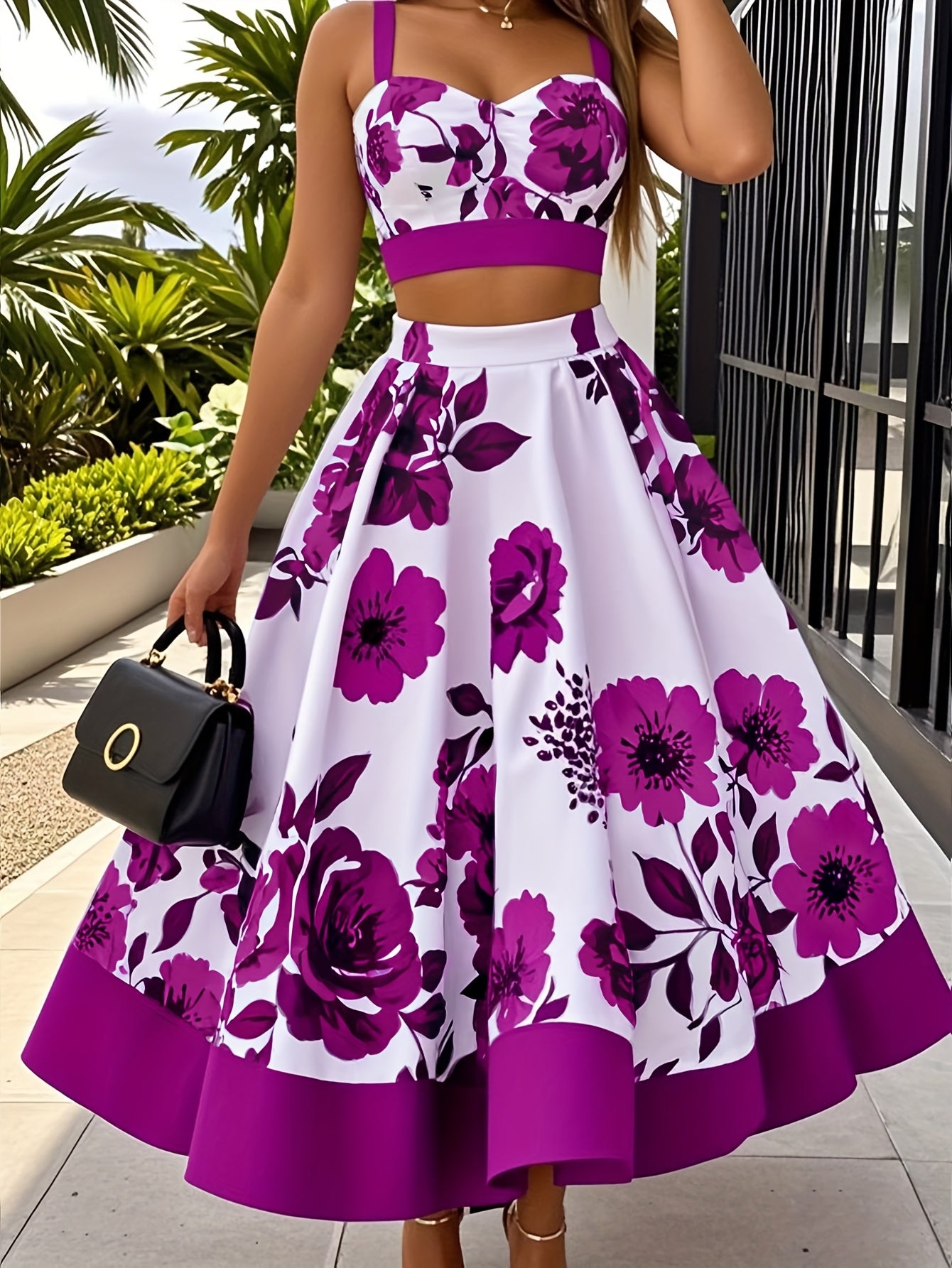 Elegant Floral Print Two-Piece Skirt Set - V-Neck Crop Top & High-Waist Flared Skirt, Polyester/Spandex Blend, Machine Washable, Perfect for Spring/Fall Fashion