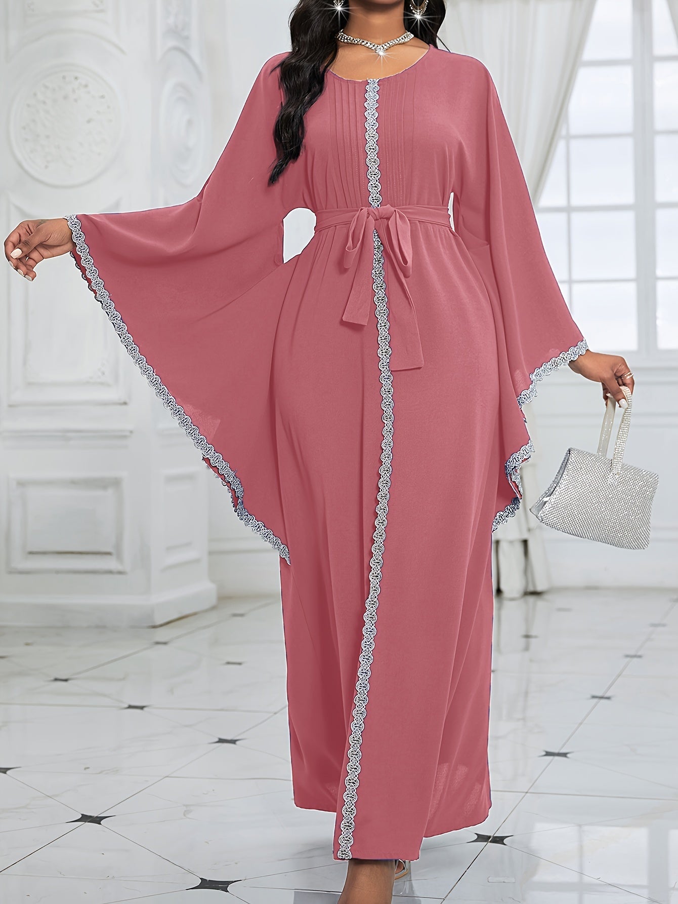 Contrast Lace Flare Sleeve Dress, Elegant Crew Neck Tied Waist Ankle Length Dress For Party & Banquet, Women's Clothing Wedding/Occasion/Engagement/Ceremony/Evening dress