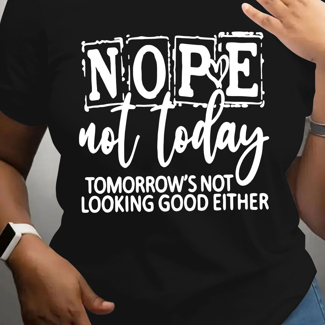 Women'S Casual NOPE Letter Print T-Shirt, 100% Polyester Knit Fabric, Crew Neck, Short Sleeve, Regular Length, Alphabet Pattern, All-Season Top