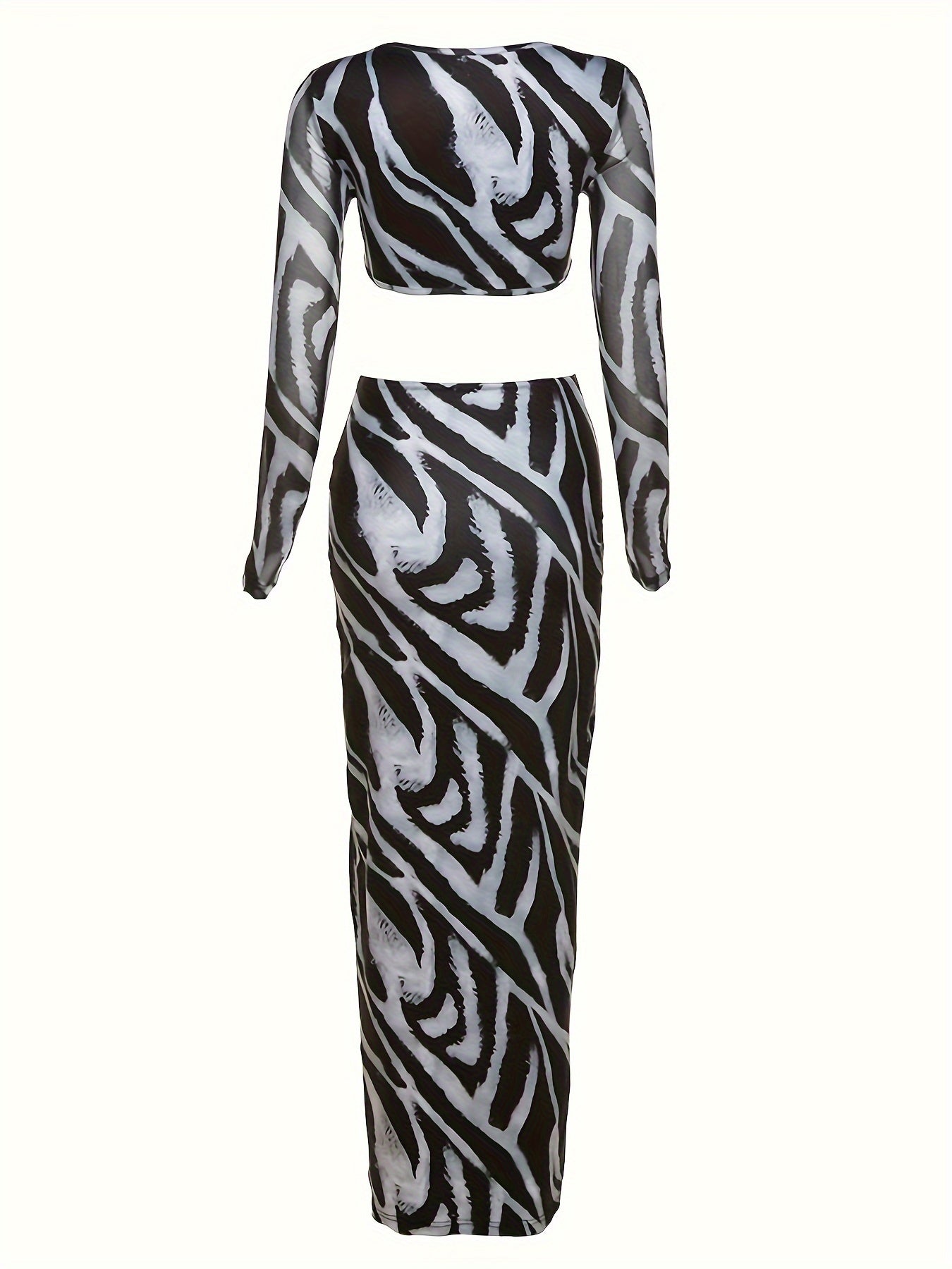 Color Block Sexy Spring Two-piece Skirt Set, Long Sleeve Crop Top & Bodycon Skirt Outfits, Women's Clothing