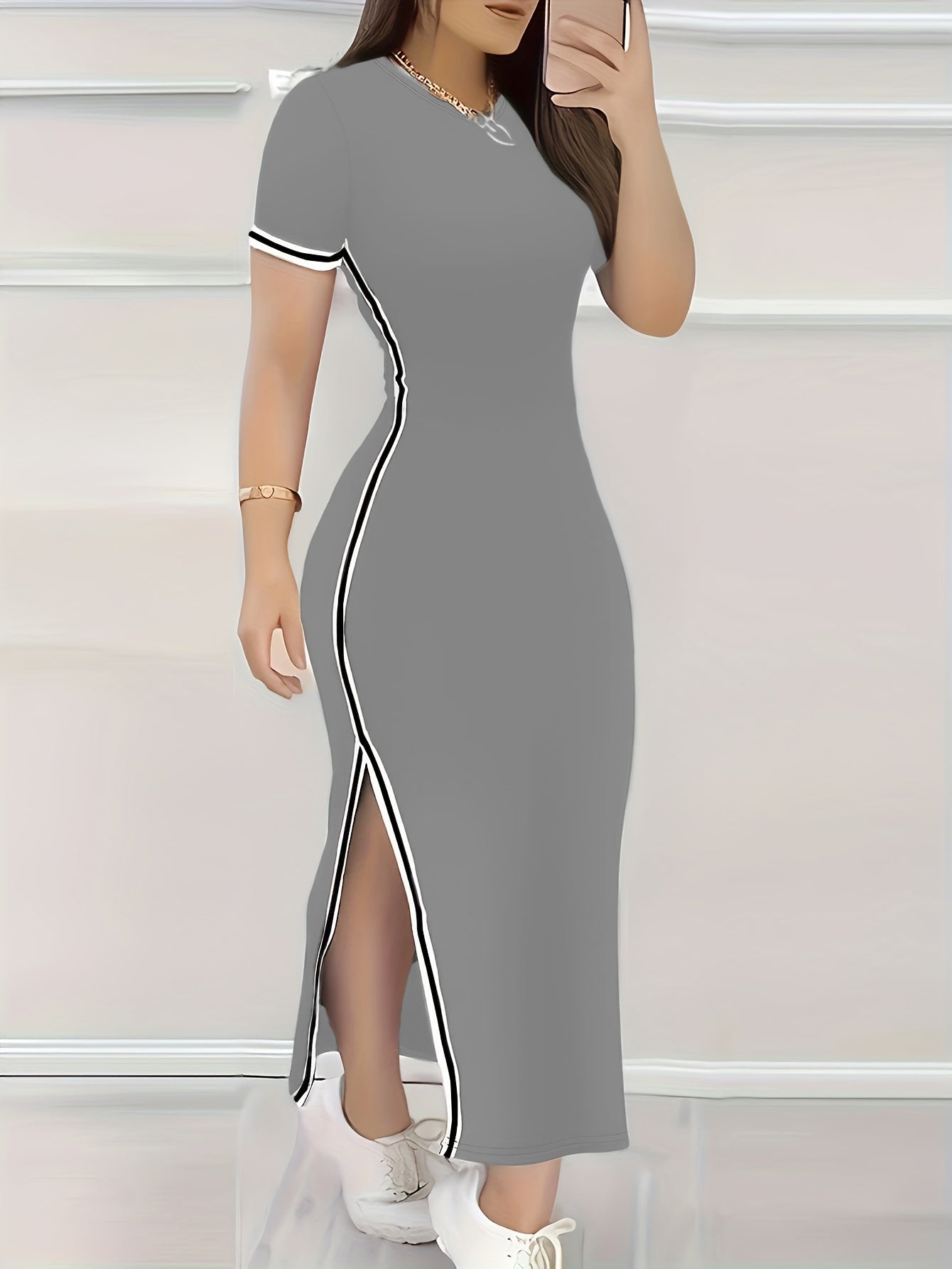 Women's Contrast Trim Split Hem Bodycon Dress - Elegant Crew Neck Short Sleeve Dress For Spring & Summer - For Women - Perfect for Parties & Casual Occasions - Stylish Gift for Fashionable Ladies