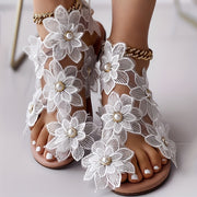 Faux Pearl Women's Flowers Flat Sandals, Fashion Toe Loop Casual Beach Travel Slip On Shoes