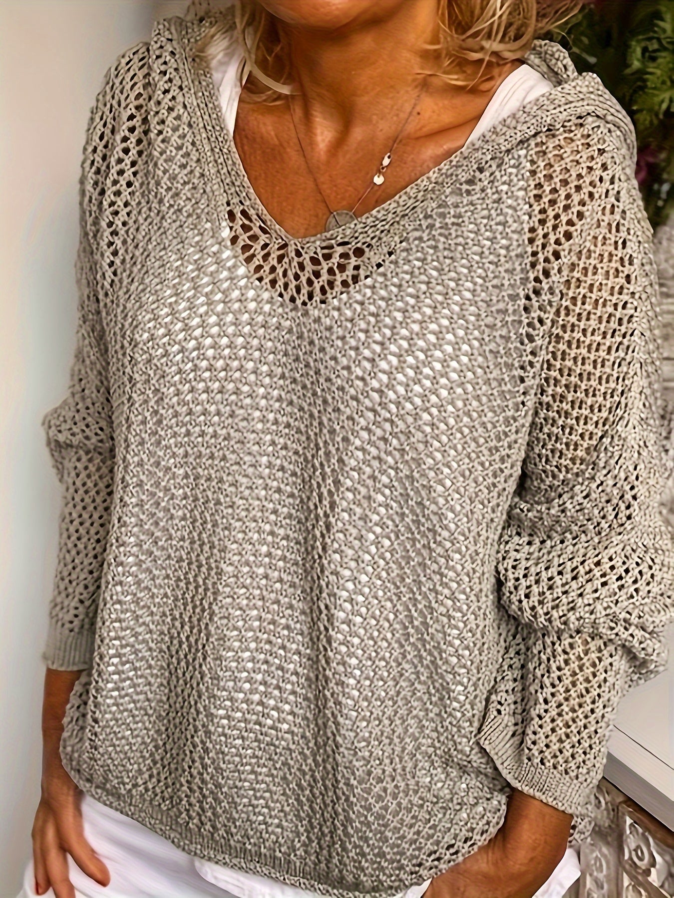8623# Casual Loose-Fit Openwork Hooded Cardigan - Semi-Sheer Light Grey with Breathable Cut-Out Details, Medium Stretch for Spring Summer Fall Layering, Cardigan, Layering Piece, Hooded Neckline, Mediumstretch Fabric
