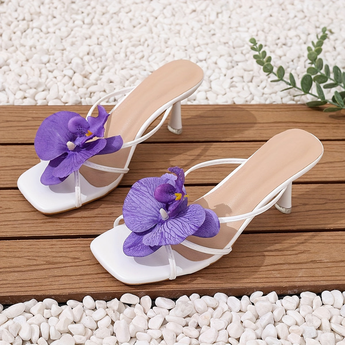 Women's Summer Rose Petal Open-Toe French Heel Sandals - Elegant Floral PU Cover Slip-On Shoes with Adjustable Straps & Comfortable Rubber Sole for Casual & Formal Events, Dressy Shoes