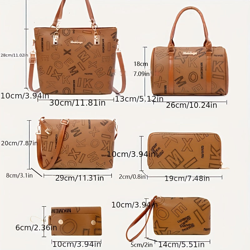 6pcs Retro Letter Print Womens Bag Set - Stylish & Versatile Tote, Boston Bag, Crossbody, Clutch, Wallet, Wristlet & Key Holder