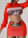 Modern Casualwear] Stylish Red Two-Piece Skirt Set with "MACHINE" Print & Lantern Sleeves - Casual Polyester Blend Crop Top & Mini Skirt, Machine Washable - Perfect for Spring/Fall, Casual Wear Set|Trendy Crop Top|Knit Constr