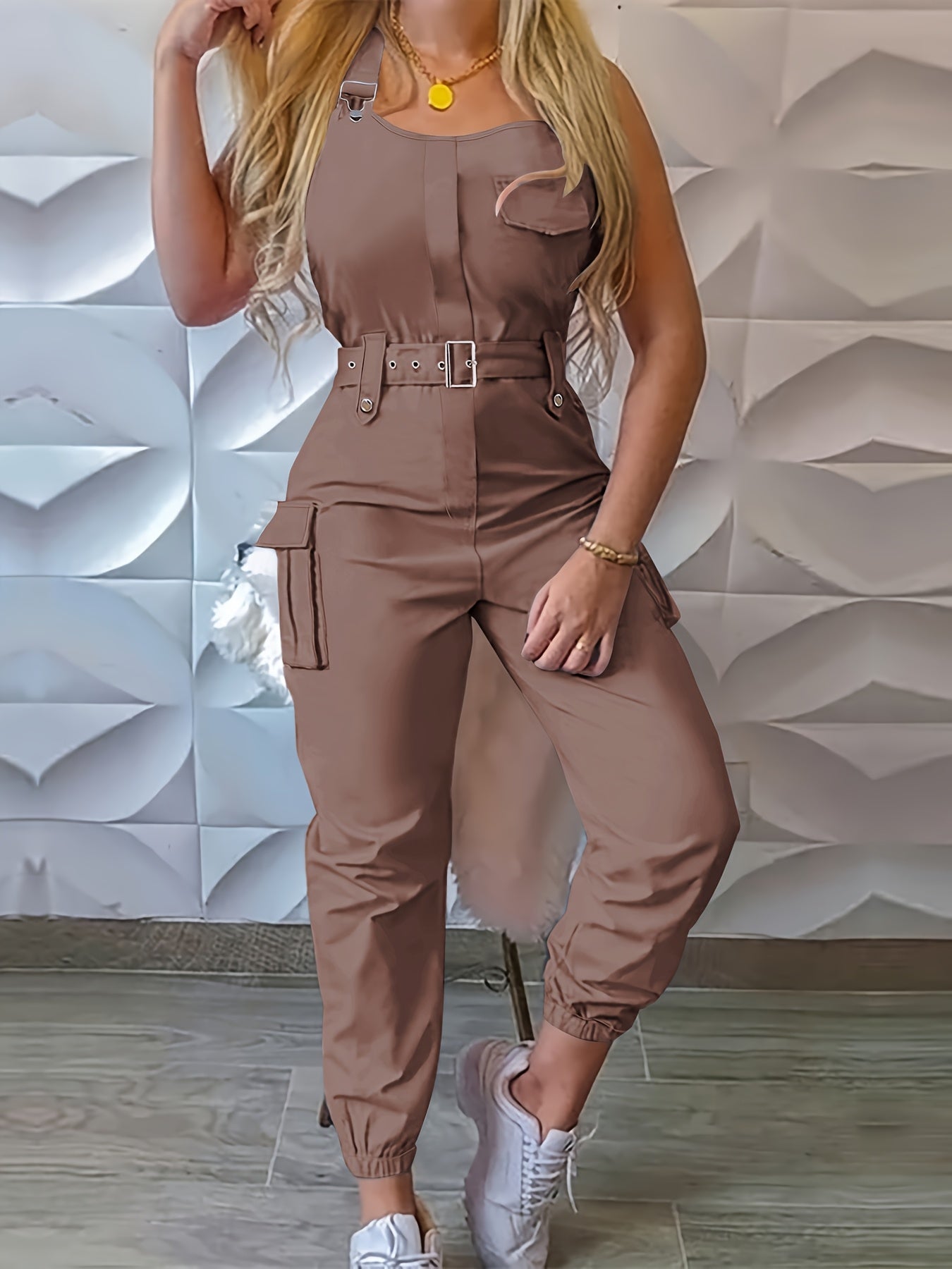 Solid Flap Pocket Cargo Jumpsuit with Belted Detail, Sleeveless Women's Casual Jumpsuit