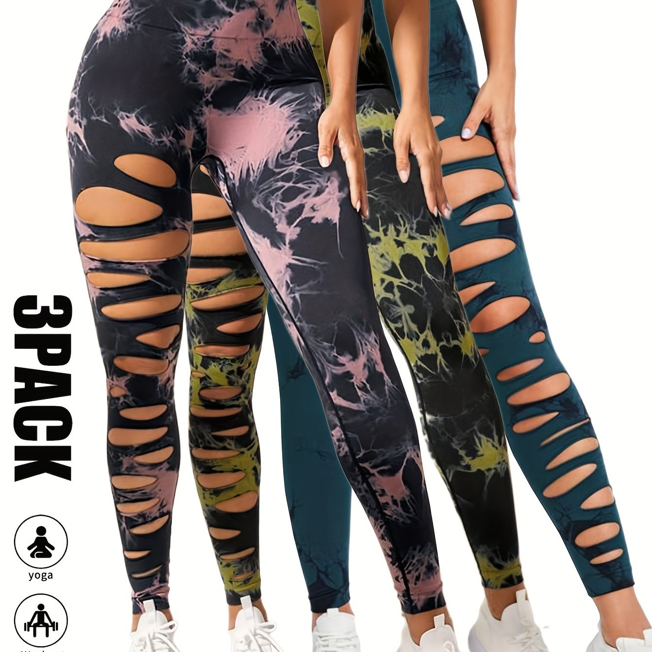 [3 Pack High Waist Yoga Leggings] 3 Pack Women's Tie Dye Cutout Tights High Waist Workout Yoga Leggings, Scrunch Butt Lifting Elastic Pants, Womens High Waist Yoga Pants Cutout Ripped Tummy Control Workout Running Yoga Skinny