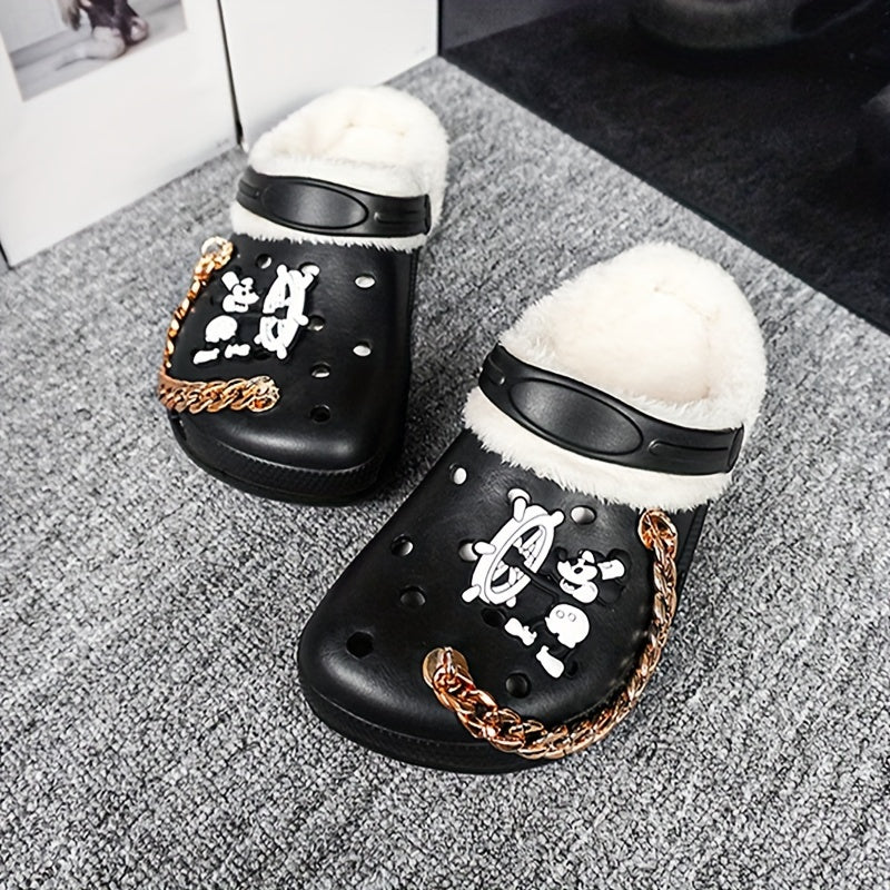 Women's Winter Thermal Clogs – Cartoon Pattern, EVA Sole, Fabric Liner, Golden Chain Detail
